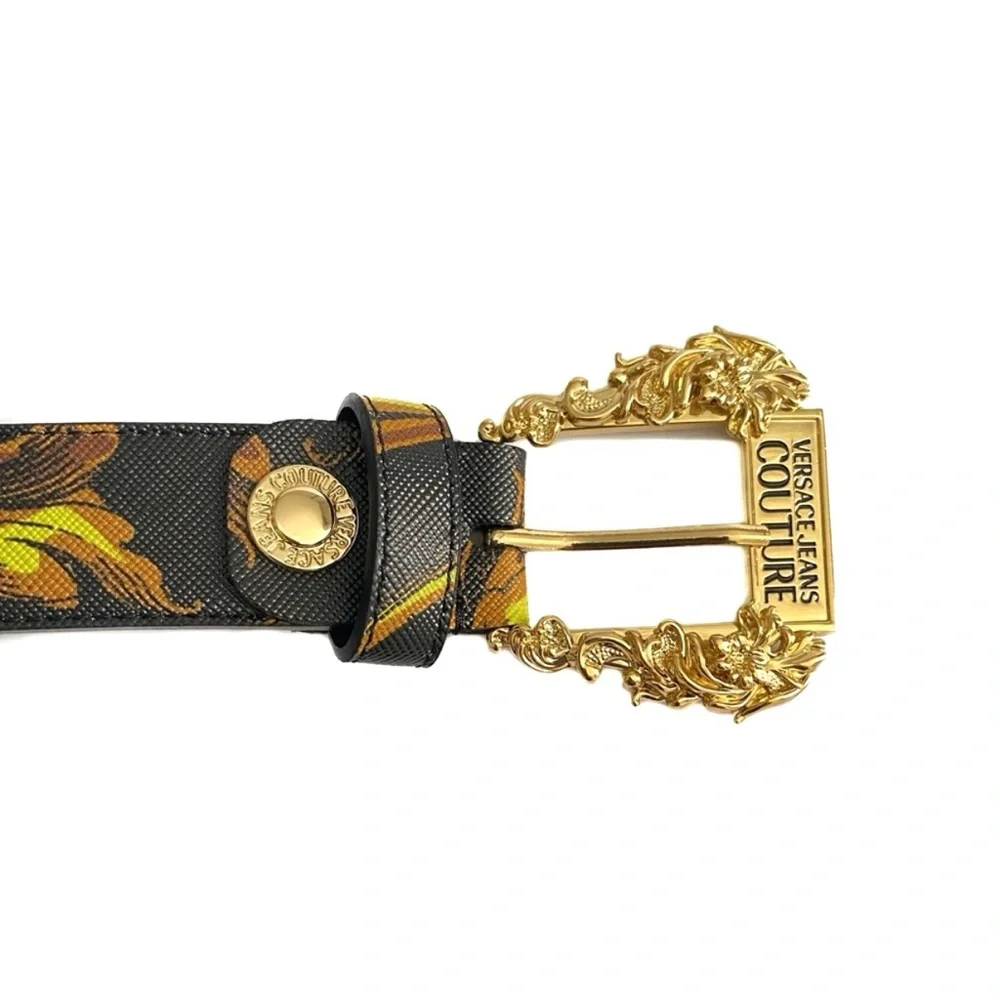 VERSACE JEANS COUTURE Black Gold Buckle Signature Print Leather Belt NWT